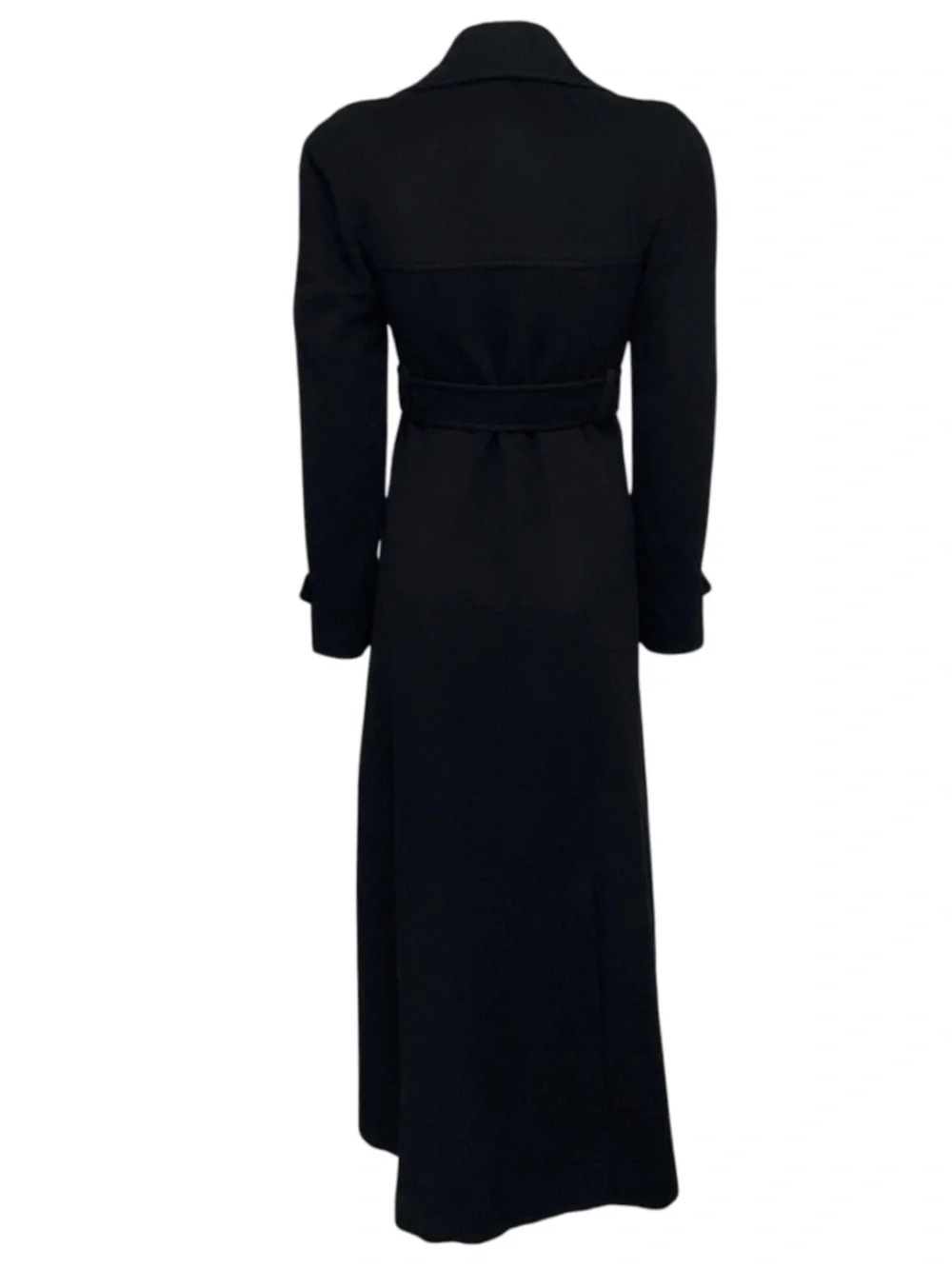 CHANEL BOUTIQUE VINTAGE BLACK DOUBLE BREASTED BELTED FULL LENGTH COAT WITH CC LO